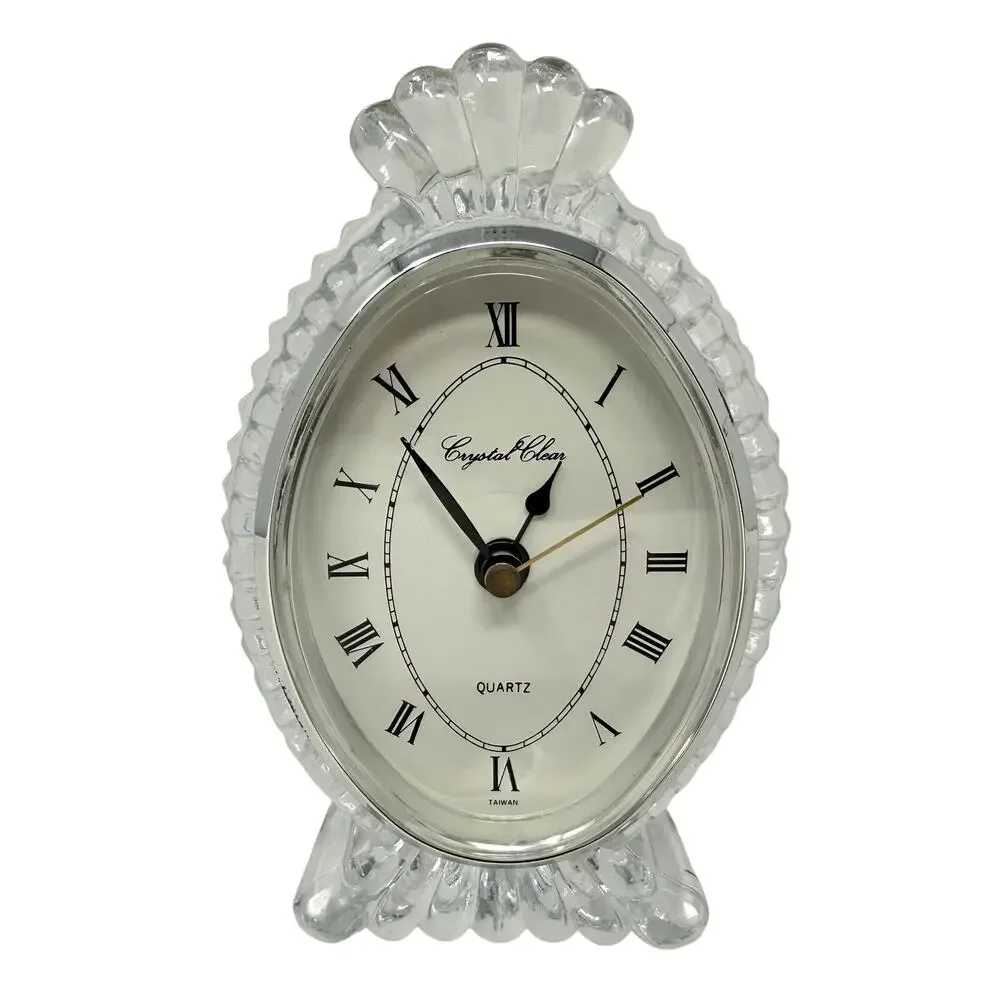 Vintage Crystal Clear 24% Lead Crystal Quartz Mantel Clock Taiwan Luxury Decor